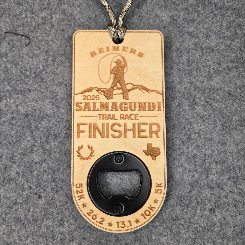 2025 Reimers Salmagundi Trail Race Finisher Wood Bottle Opener Medal Lanyard